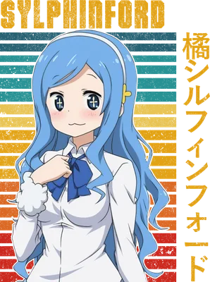 Hình ảnh cô gái anime tóc xanh dài, mặc áo sơ mi trắng, nơ xanh, đeo băng đô, với nền sọc ngang màu cam, vàng, xanh.