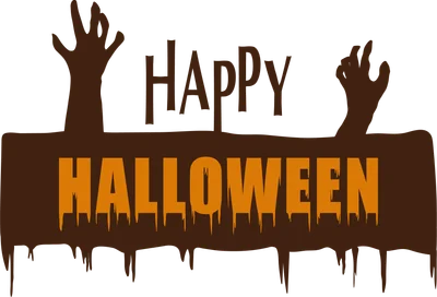 Hình ảnh minh họa hai bàn tay zombie nâu sẫm vươn lên từ một vạch ngang màu nâu, phía trên có chữ 'HAPPY' màu nâu và chữ 'HALLOWEEN' màu cam chảy nhựa.