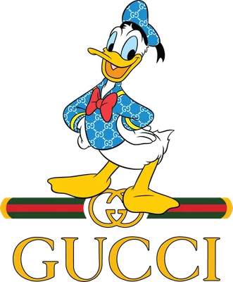 Hình ảnh Vịt Donald mặc trang phục in họa tiết Gucci, đứng tạo dáng với logo Gucci phía dưới.