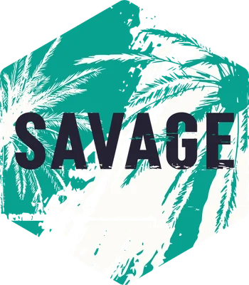 Hình in chữ SAVAGE với nền lá cọ nhiệt đới màu xanh ngọc và trắng, trên nền xám.
