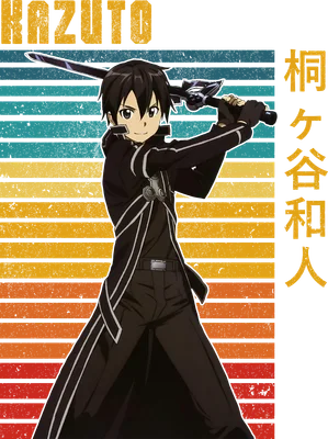 Hình ảnh Kirito, nhân vật chính từ Sword Art Online, cầm kiếm với phong cách retro và nền sọc màu.