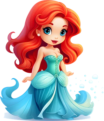 Hình vẽ nàng tiên cá chibi tóc đỏ, mắt xanh to tròn, mặc váy xanh ngọc bích, tạo dáng đáng yêu trên nền xám.