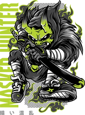 Hình ảnh chiến binh Oni Nhật Bản với mặt nạ xanh lá, cầm kiếm, mặc trang phục ninja, có khói xanh bao quanh.