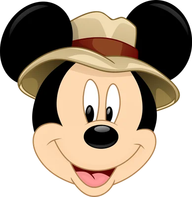 Hình ảnh hoạt hình cận mặt chuột Mickey Mouse vui vẻ đội mũ thám hiểm màu be, nền xám đơn sắc.