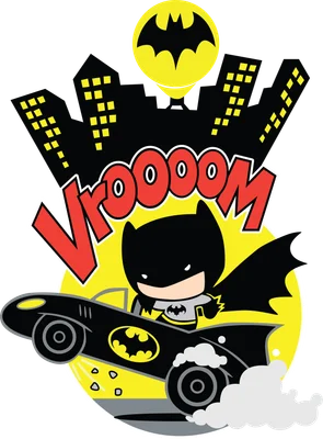 Hình vẽ chibi Batman lái xe Batmobile, có chữ Vroom và biểu tượng dơi trên nền thành phố và mặt trăng.