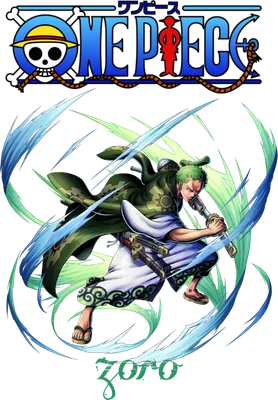 Hình ảnh Roronoa Zoro từ One Piece trong tư thế chiến đấu, vung kiếm với hiệu ứng gió nước xanh lá và xanh dương.