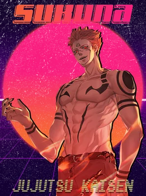 Hình ảnh Sukuna từ Jujutsu Kaisen với phong cách retro neon, có chữ "SUKUNA" và "JUJUTSU KAISEN"