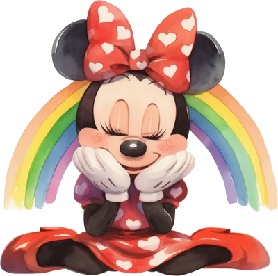 Minnie Mouse đáng yêu ngồi tựa cầu vồng, phong cách màu nước