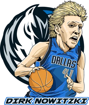 Hình vẽ hoạt hình Dirk Nowitzki, cầu thủ bóng rổ Dallas Mavericks, cầm bóng.