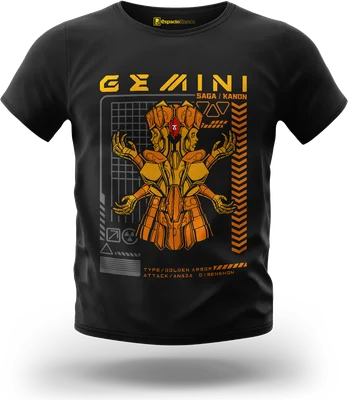 Hình in chuyển nhiệt chiến binh Gemini Saga Kanon với giáp vàng, phong cách Cyberpunk, trên nền đen.