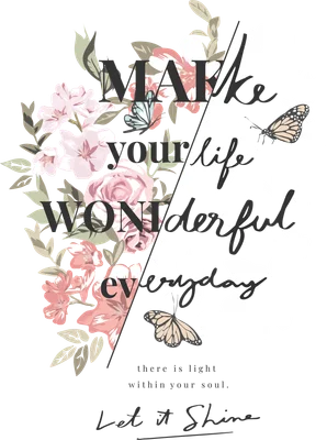 Hình ảnh thiết kế hoa hồng, hoa lá màu hồng đào, bướm và chữ 'Make your life wonderful everyday' trên nền xám.