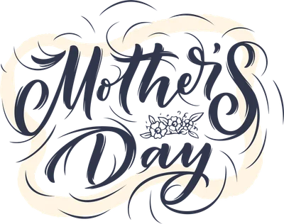 Thiết kế chữ Mother's Day phong cách thư pháp với hoa văn trang trí và cụm hoa nhỏ.