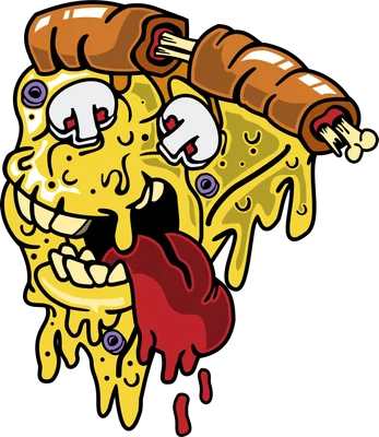 Hình minh họa miếng pizza quái vật tan chảy với nấm và xúc xích phong cách hoạt hình vui nhộn