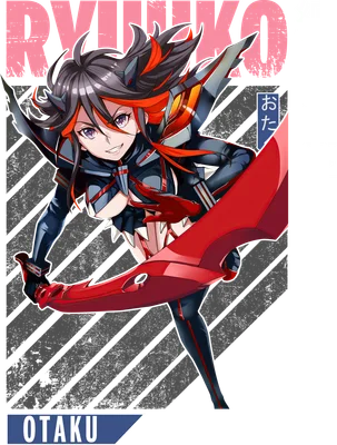 Hình ảnh Ryuko Matoi, nhân vật anime với mái tóc đen đỏ, trang phục chiến đấu và lưỡi kiếm đỏ.