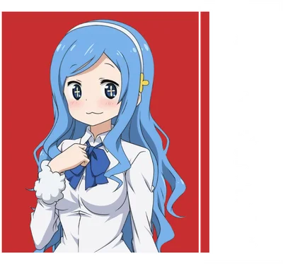 Hình ảnh anime cô gái tóc xanh dài, mặc áo sơ mi trắng, thắt nơ xanh, biểu cảm dễ thương.