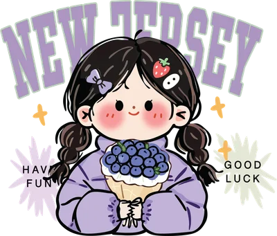 Hình vẽ chibi cô gái tóc đen tết bím, má hồng, cầm chùm việt quất, có chữ New Jersey, Have Fun, Good Luck.