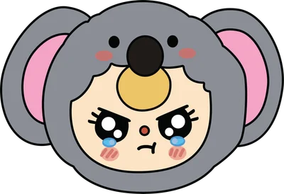 Hình hoạt hình bé gái mặc trang phục koala màu xám, khuôn mặt giận dỗi với nước mắt chảy dài, má hồng.