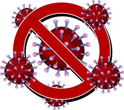 Biểu tượng cấm màu đỏ với hình ảnh virus Corona màu đỏ và xanh, trên nền xám.