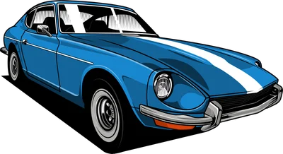 Hình minh họa xe hơi cổ điển màu xanh dương với sọc trắng trên mui xe, phong cách retro.
