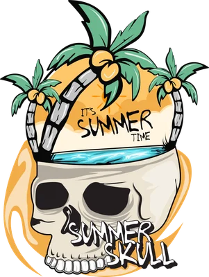 Hình minh họa đầu lâu phong cách mùa hè, có cây dừa, mặt trời, biển xanh và chữ 'It's Summer Time', 'Summer Skull'.