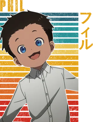 Hình ảnh nhân vật Phil từ anime The Promised Neverland, mặc áo sơ mi trắng, có chữ "PHIL" và ký tự Nhật Bản.
