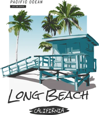 Trạm cứu hộ màu xanh tại bãi biển Long Beach với hàng cây cọ phong cách vintage