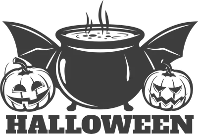 Hình ảnh minh họa nồi bí ngô Halloween với đôi cánh dơi và hai quả bí ngô khắc mặt cười.