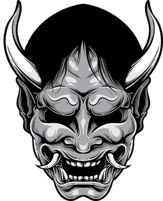 Hình minh họa mặt nạ quỷ Hannya Nhật Bản với đường nét sắc sảo, phong cách đen trắng ấn tượng