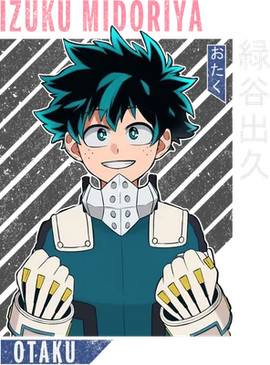 Hình vẽ nhân vật anime Izuku Midoriya với mái tóc xanh lá cây, đeo mặt nạ, cười tươi.