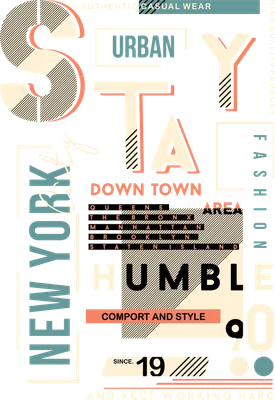 Thiết kế typography phong cách retro với các từ 'STAY HUMBLE', 'URBAN', 'NEW YORK CITY', 'DOWN TOWN', 'COMFORT AND STYLE' trên nền xám.