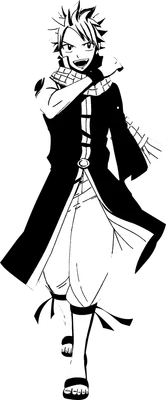 Hình vẽ Natsu Dragneel, nhân vật anime, đang chạy với biểu cảm vui vẻ, mặc trang phục đen trắng.