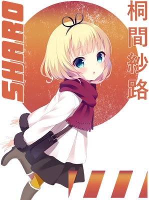 Hình ảnh cô bé anime tóc vàng, mắt xanh, mặc áo trắng, khăn đỏ, đeo túi xách, đứng trên nền xám có họa tiết cam.