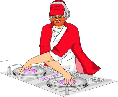 Hình vẽ Ông Già Noel đeo tai nghe, kính râm, râu đỏ, đang chơi nhạc trên bàn DJ.