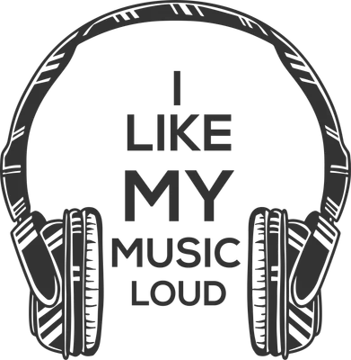 Hình ảnh tai nghe lớn với dòng chữ "I LIKE MY MUSIC LOUD" ở giữa, phong cách tối giản.