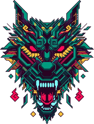 Hình ảnh mặt sói phong cách Cyberpunk với các chi tiết hình học màu xanh lá, vàng, đỏ và xanh lam.