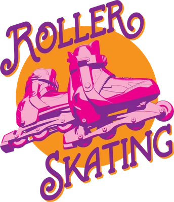 Hình ảnh minh họa đôi giày patin màu hồng và tím nổi bật trên nền tròn màu cam, có chữ "ROLLER SKATING"