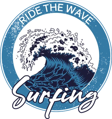 Hình minh họa sóng biển cuộn trào trong vòng tròn với chữ Ride The Wave Surfing phong cách vintage