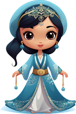 Hình minh họa công chúa Jasmine chibi đáng yêu, mắt to, mặc trang phục xanh lam và phụ kiện vàng, nền xám đơn giản.
