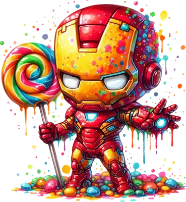 Iron Man chibi đáng yêu cầm kẹo mút đầy màu sắc
