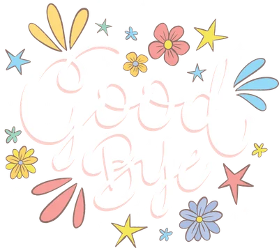 Hình minh họa chữ "Good Bye" màu trắng với viền hồng nhạt, bao quanh bởi hoa nhiều màu sắc, ngôi sao và lấp lánh trên nền xám.