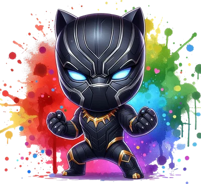 Hình ảnh Black Panther phiên bản chibi dễ thương, mặc bộ đồ đen với mắt xanh phát sáng, đứng trên nền màu nước cầu vồng rực rỡ.