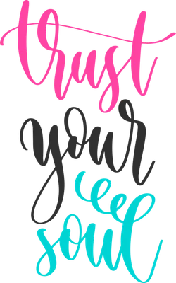 Chữ viết tay "Trust Your Soul" màu hồng, đen và xanh ngọc trên nền xám