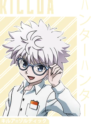 Hình ảnh Killua Zoldyck từ anime Hunter x Hunter đeo kính, tóc trắng, mặc áo sơ mi trắng.