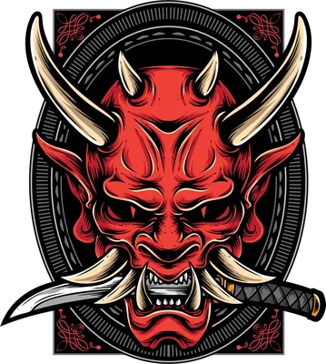 Hình ảnh mặt nạ Hannya màu đỏ với biểu cảm dữ tợn, có kiếm Nhật xuyên qua miệng, viền trang trí kiểu Nhật.