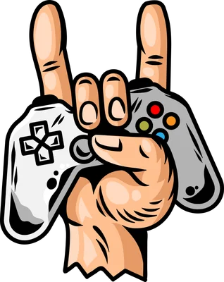 Hình minh họa bàn tay hoạt hình tạo dáng rock n roll, kẹp hai tay cầm chơi game màu trắng và xám, trên nền xám.
