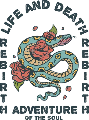 Hình minh họa rắn màu xanh ngọc quấn quanh hoa hồng đỏ, với chữ 'Life and Death Rebirth Adventure of the Soul'.