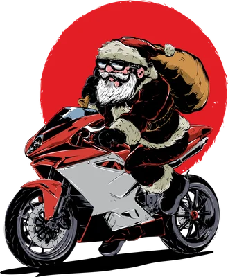 Hình vẽ Ông Già Noel đội mũ, đeo kính râm, lái mô tô thể thao đỏ trắng, mang túi quà lớn sau lưng.