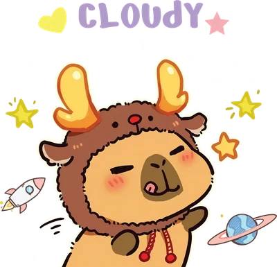 Hình vẽ chibi capybara đội mũ tuần lộc màu nâu, má hồng, lưỡi thè nhẹ, xung quanh có sao, tên lửa và hành tinh.