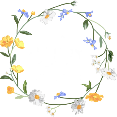 Hình ảnh vòng hoa cúc trắng, hoa vàng và hoa xanh bao quanh dòng chữ 'the HAPPY moments' trên nền xám.