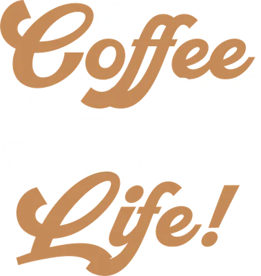 Hình in chuyển nhiệt ly cà phê bốc khói với dòng chữ "Coffee for Life" và hạt cà phê, phong cách vintage.